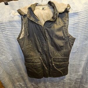 YMI Collection Womens Utility Vest Sherpa Lined Hooded Olive Green Size L y2k
